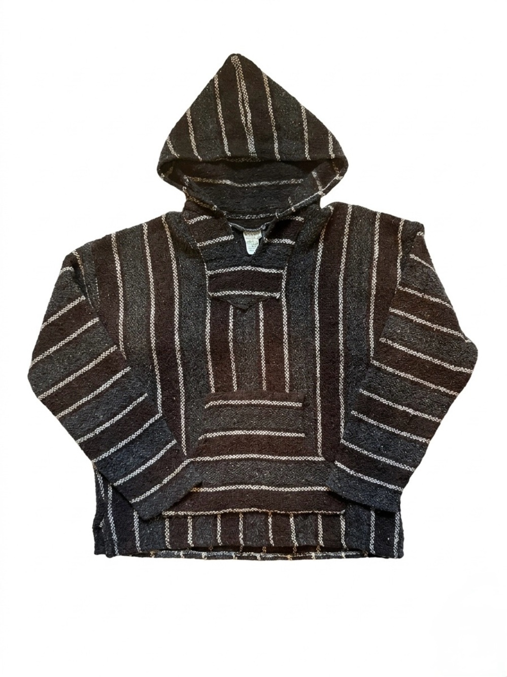 Vintage Mexican Baja Hoodie Striped Woven Pullover Surfer Poncho Size XL